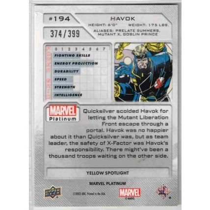 MARVEL PLATINUM ' YELLOW SPOTLIGHT ' card # 194 HAVOK (2022)