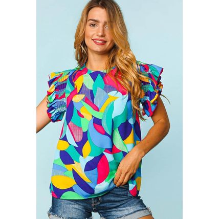 Multicolor Abstract Print Stitching Ruffle Sleeve Blouse