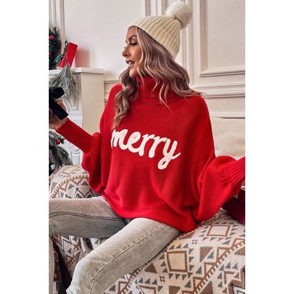 Red Merry Letter Embroidered High Neck Sweater