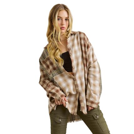 Brown Multi Plaid Patchwork Raw Edge Casual Shirt