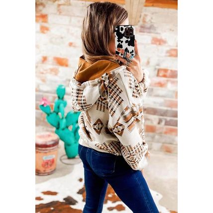 Beige Aztec Print Kangaroo Pocket Half-Zip Hoodie