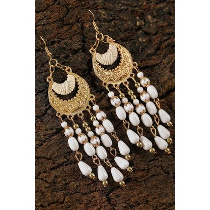 White Boho Beaded Tassel Alloy Charm Earrings