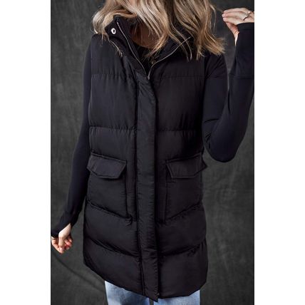 Black Windproof Longline Full Zipper Puffer Vest with Pockets