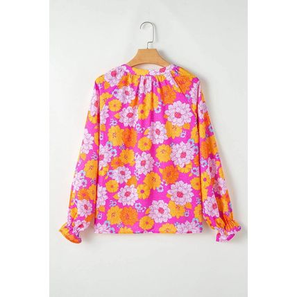 Rose Floral Print Flounce Sleeve Notched Neck Blouse