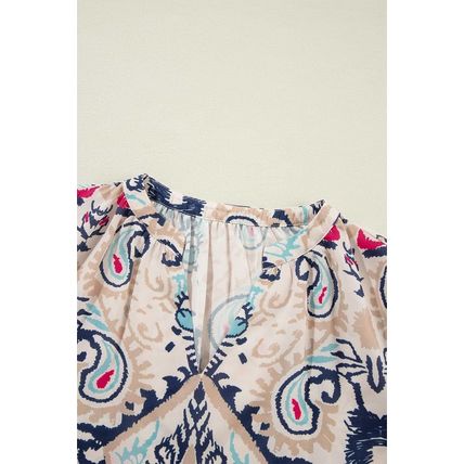 White Abstract Printed Notched V Neck Split Half Sleeve Blouse