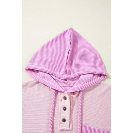 Light Pink Corded Colorblock Patch Pocket Drawstring Hooded Top
