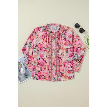 Red Floral Print Ruffled Stitch Buttoned Loose Fit Shirt