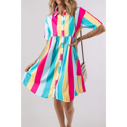 Rose Stripe Colorblock Short Sleeve Mini Shirt Dress