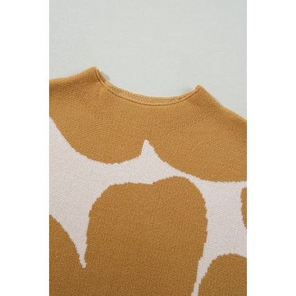 Camel Big Flower Pattern Stand Neck Short Sleeve Sweater