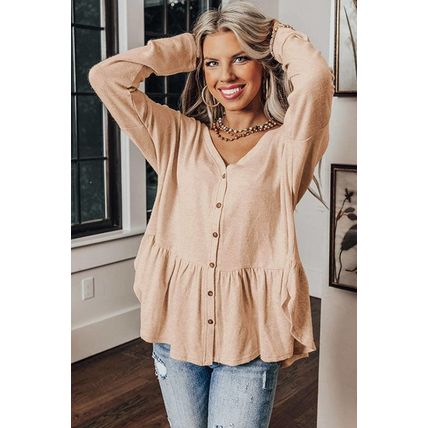 Jet Stream Solid Ruffled Buttoned V Neck Shirt