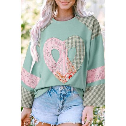 Clearly Aqua Plaid Floral Peace Heart Graphic Wide Long Sleeve Top