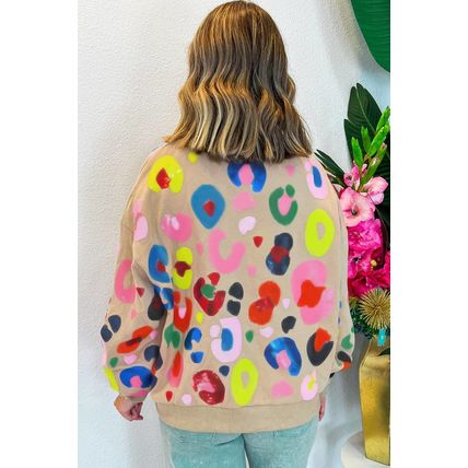 Khaki Multicolor Leopard Printed Drop Shoulder Pullover Sweatshirt