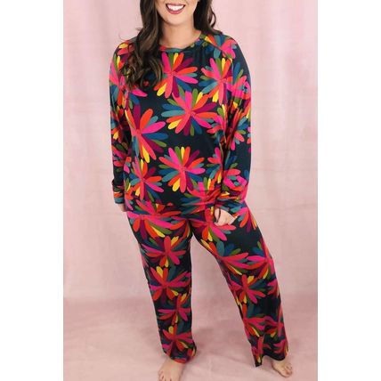 Black Plus Size Printed Long Sleeve and Pants Lounge Set