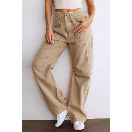 Khaki High Waist Straight Leg Cargo Pants with Pockets
