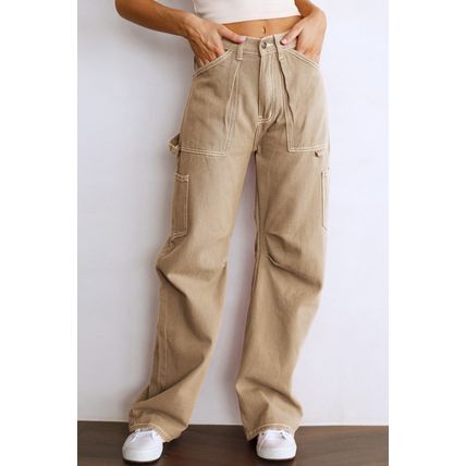 Khaki High Waist Straight Leg Cargo Pants with Pockets