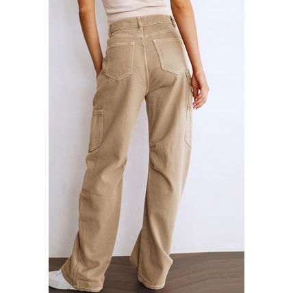 Khaki High Waist Straight Leg Cargo Pants with Pockets
