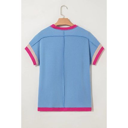 Sky Blue Textured Contrast Trim Round Neck T Shirt