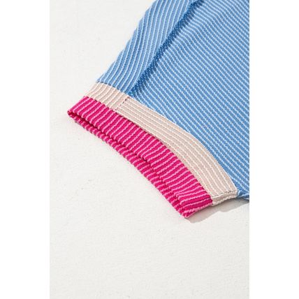 Sky Blue Textured Contrast Trim Round Neck T Shirt