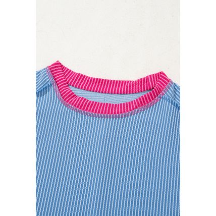 Sky Blue Textured Contrast Trim Round Neck T Shirt