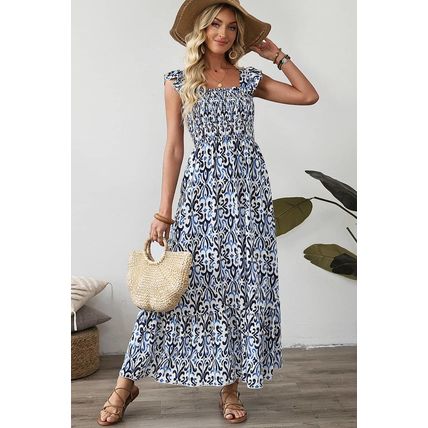 Sky Blue Boho Print Smocked High Waist Maxi Dress