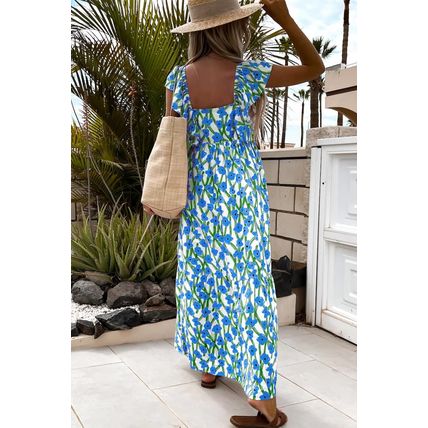 Blue Floral Print Square Neck Ruffled Strap Maxi Dress