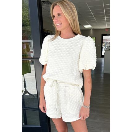 White Solid Color Checkered Texture Short 2pcs Outfit
