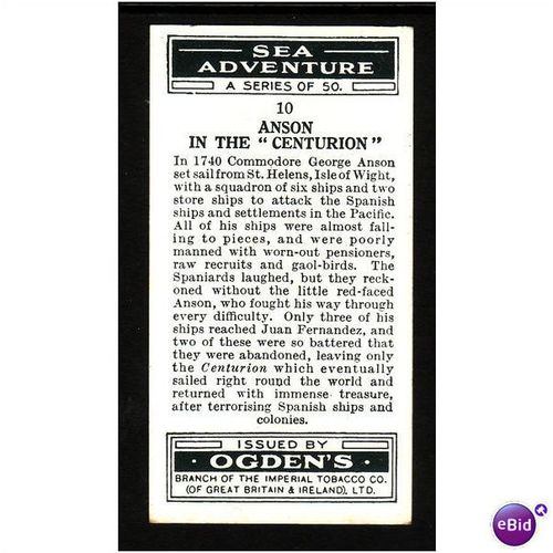 Ogden's Cigarette Card 1939 Sea Adventure No 10 Anson in the Centurion Fine Mint