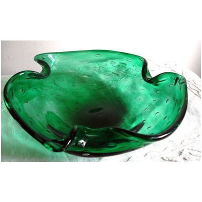 Murano Vintage 60s Large ruffled Bullicante Green Bubble Glass Tray Bowl Eames