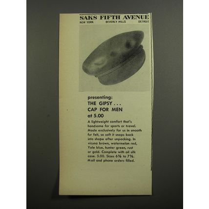 1952 Saks Fifth Avenue Gipsy Cap Ad - Presenting the Gipsy Cap for men at 5.00