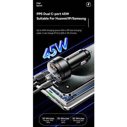 Essager Digital Fast Car Charger 105W Made for MacBook Lenovo Truck Lorry 12-24V