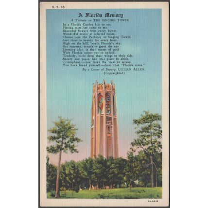 A Florida Memory, The Singing Tower, 1933 - Asheville Post Card Co Postcard