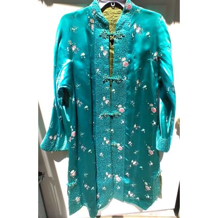 Wms Embroidered Aqua Floral Oriental Kimono Robe Gown Sm/Med Heavy Quality Flaw