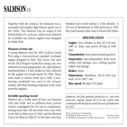 Collectors Club card. Classic Cars. Salmson GS