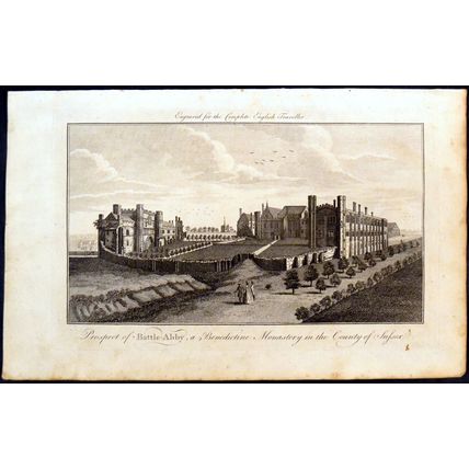 PROSPECT OF BATTLE ABBY, A BENEDICTINE MONASTERY 1771 ANTIQUE ENGRAVING