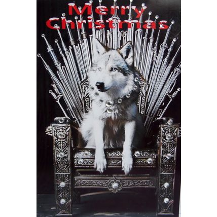 STUNNING WOLF XMAS CARD WOLF ON A THRONE MADE OF SWORDS CHRISTMAS CARD