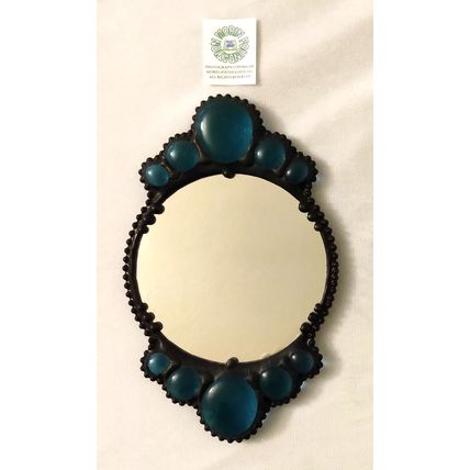 SMALL DECORATED METAL FRAMED MIRROR WITH TEAL GLASS STONES