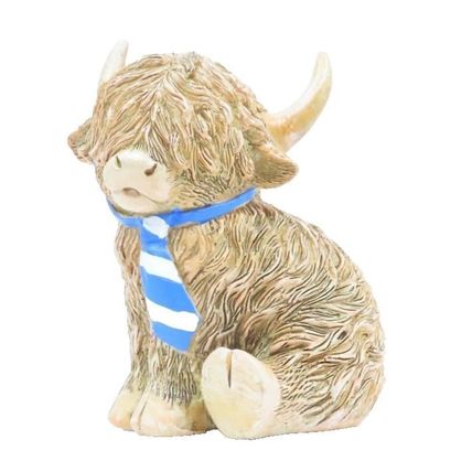 Happy Highland Cow Ornament Wearing Blue & White Tie 10 CM Gift Home Decor