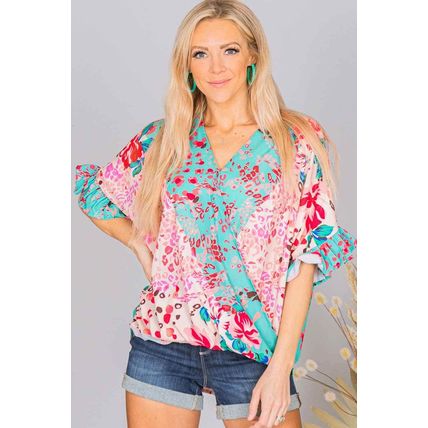 Multicolor Leopard Floral Mixed Print Ruffle Sleeve Surplice Blouse