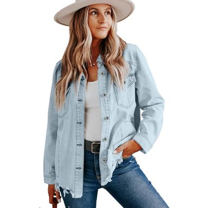 Sky Blue Flap Pocket Buttoned Raw Hem Denim Jacket