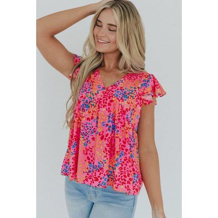 Red Leopard Print V Neck Flutter Sleeve Blouse