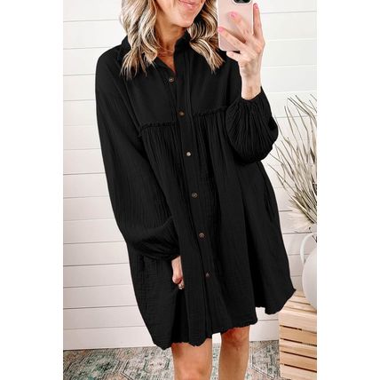Black Patchwork Crinkle Puff Sleeve Shirt Dress