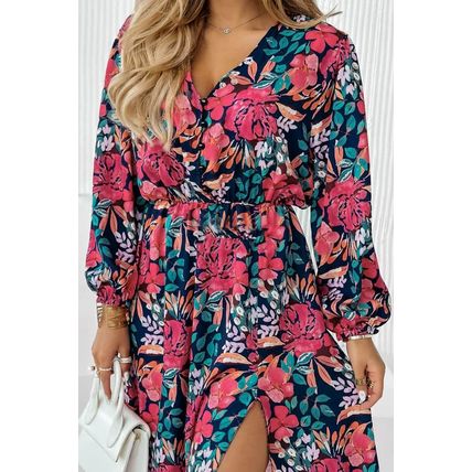 Red V Neck Elastic High Waist Split Floral Dress