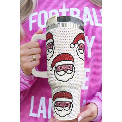 White Christmas Santa Claus Diamond Thermos Cup with Straw