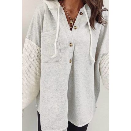 Gray Button Up Contrast Knitted Sleeves Hooded Jacket