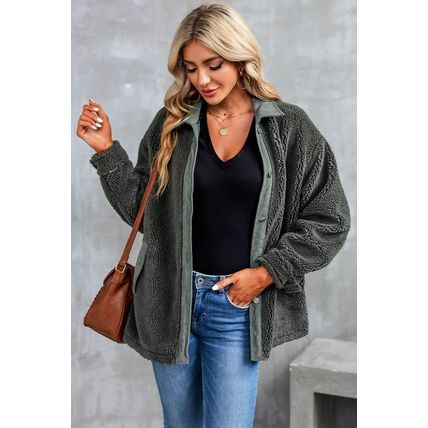 Gray Corduroy Trim Elbow Patch Sherpa Jacket