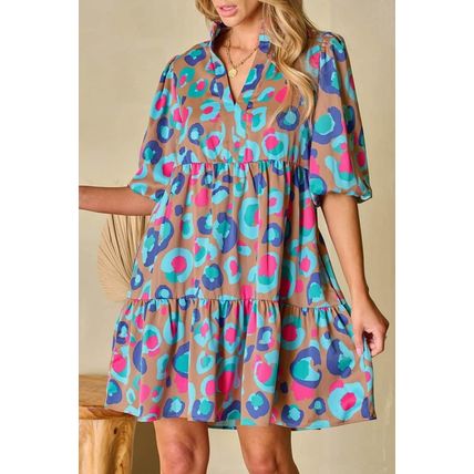 Green Leopard Print Bubble Sleeve Slit Neck Ruffled Dress