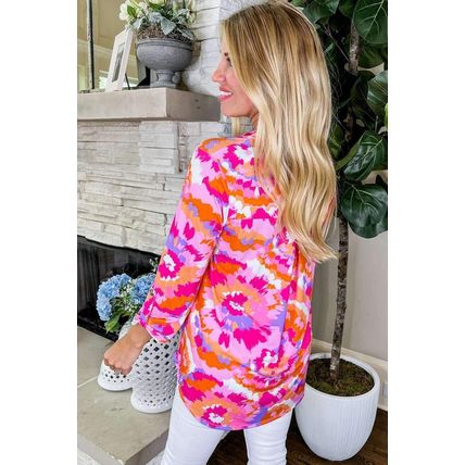 Pink Abstract Print Tab Sleeve Notched Neck Blouse
