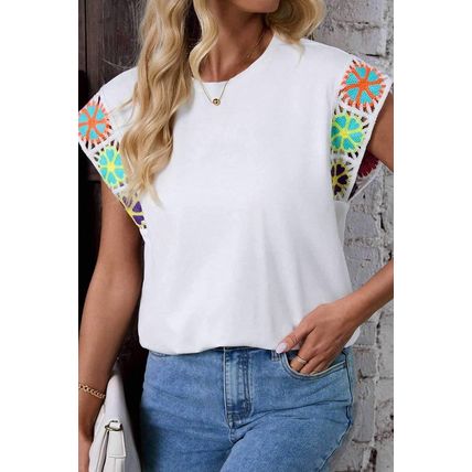White Floral Crochet Sleeve Crew Neck Top