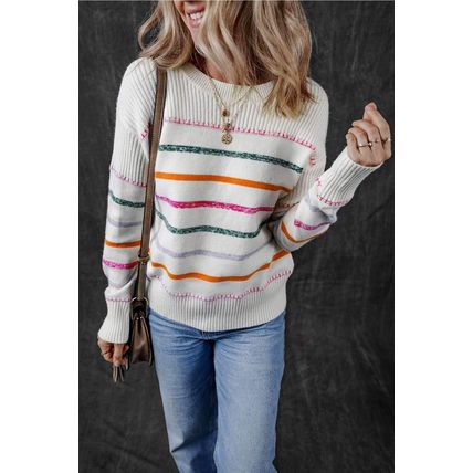 White Colorful Striped Ribbed Trim Sweater