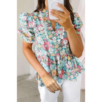 Multicolour Notched Neck Puff Short Sleeve Floral Blouse